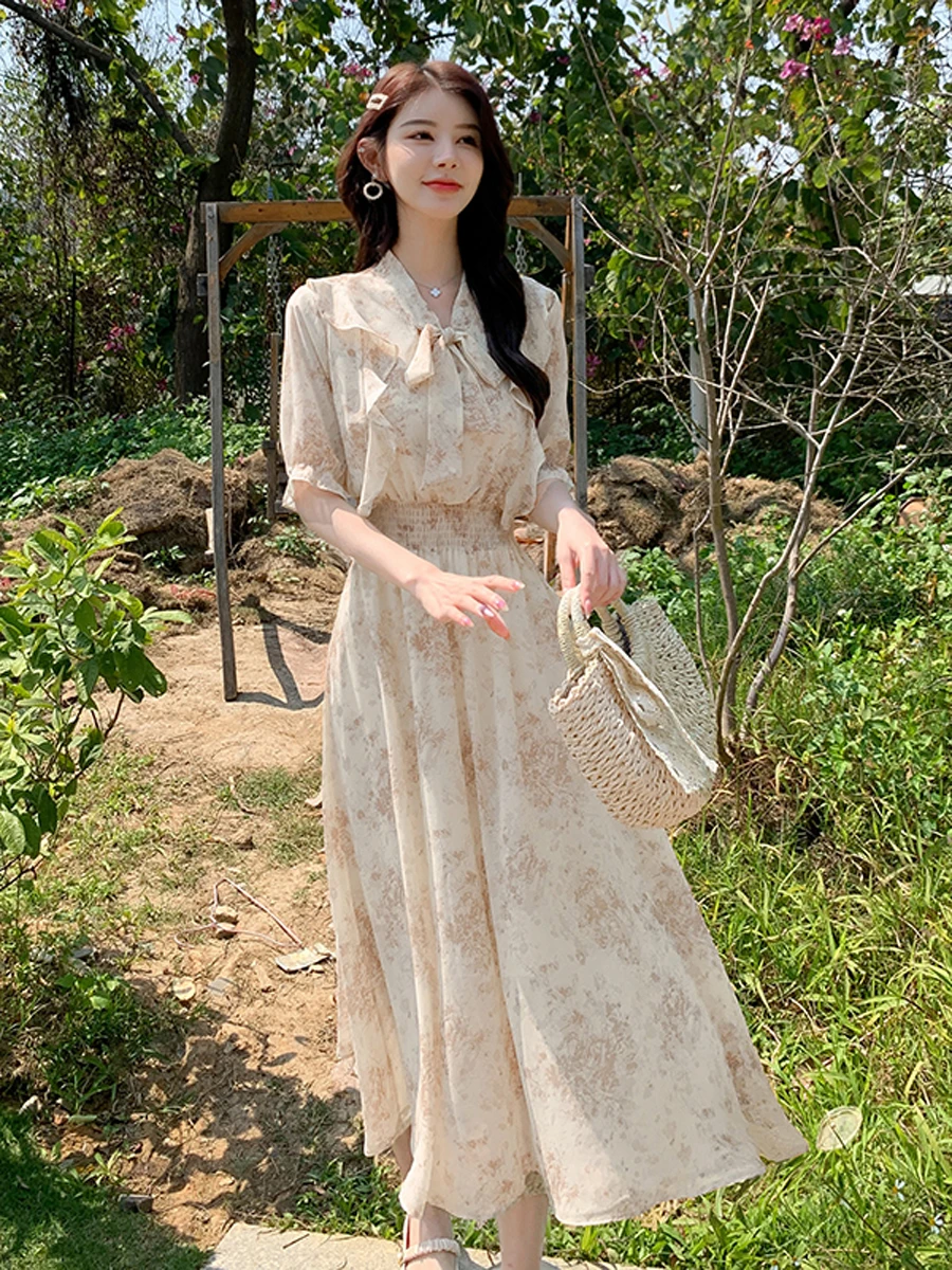 Mooie bloemen chiffon lange jurk kantoor dame zoete elegante vrouwen ruches bladerdeeg mouw elastische taille lint strik knoop Koreaanse Y2K