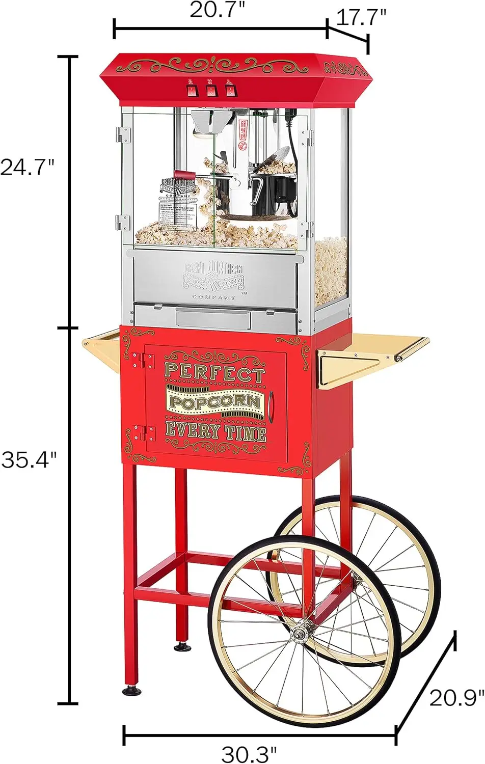 Perfect Popper Popcorn Machine with Cart and Stainless-Steel Kettle, Warming Light, and Accessories, 10oz, Red