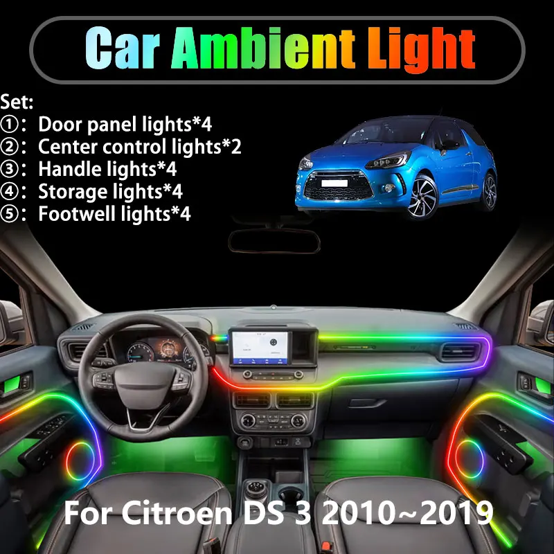 

For Citroen DS 3 2010~2019 MK1 2011 2012 2/18 in 1 Car ambient lighting Led trunk interior led lights USB RGB Ensemble Streamer