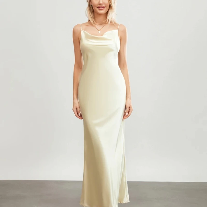 Abito lungo aderente da donna Tinta unita con cinturino per spaghetti Collo ad anello Abito senza maniche Abito estivo senza schienale Cami Canotta con una barca