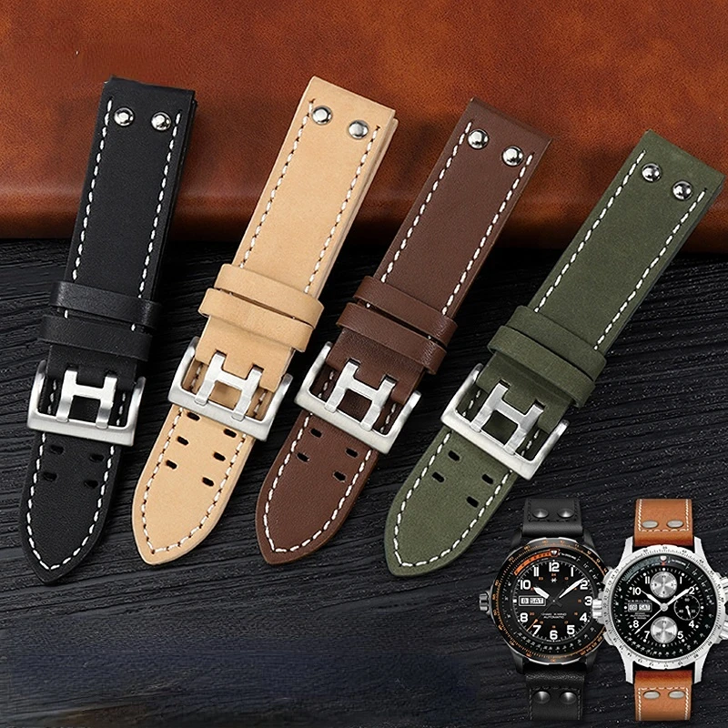 For Hamilton H760250 Khaki Air Field watch straps Double Hole Genuine leather +rivet watchband 20x20mm 22x22mm Men\'s Bracelet