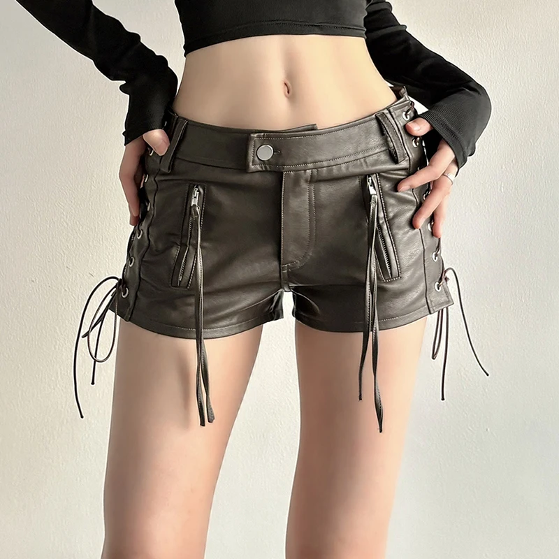 

Safari Style Bandage Pu Leather Shorts Sexy Slim Pocket Low-Waisted Shorts Women 2025 Summer Fashion Streetwear Punk Style Lady