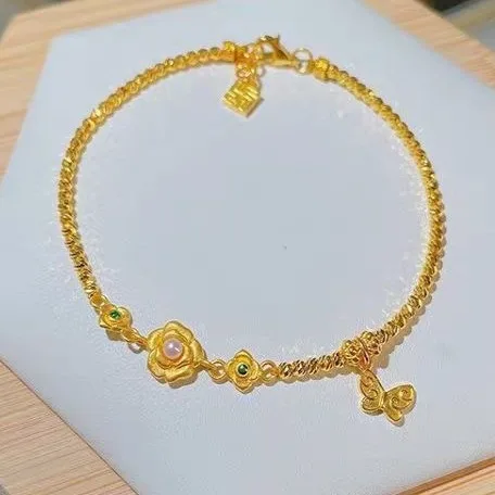 New 24K gold rose laser bead bracelet female pure gold AU999 real gold simple fashion light luxury temperament female bracelet