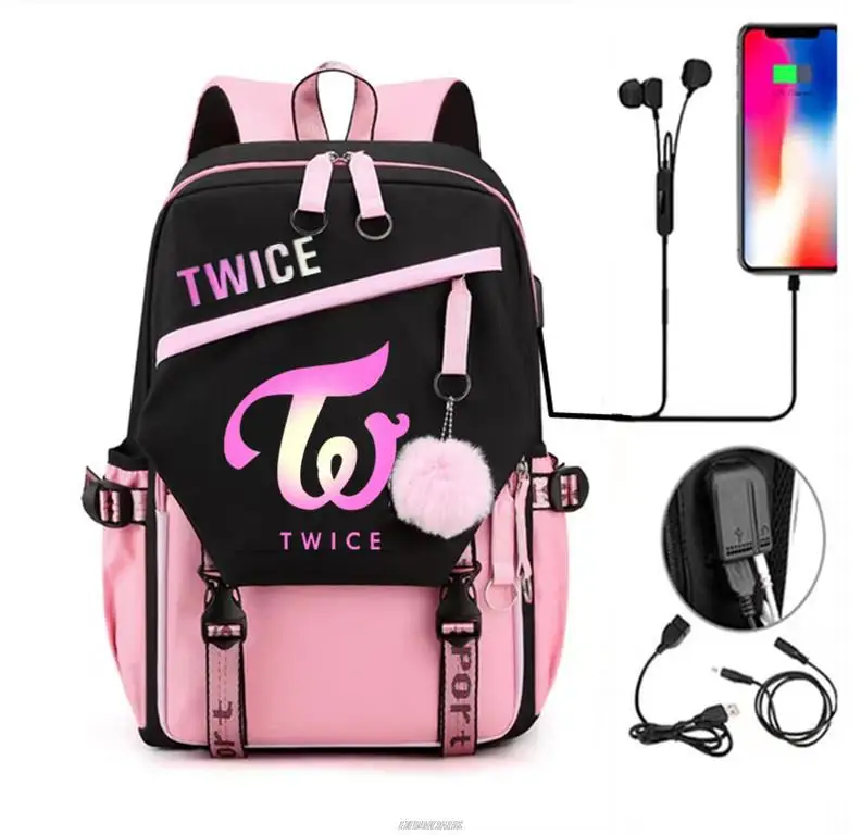 Twice Women Men School Bag Oxford Waterproof Girls Boys Backpack Rucksack With USB Mochilas