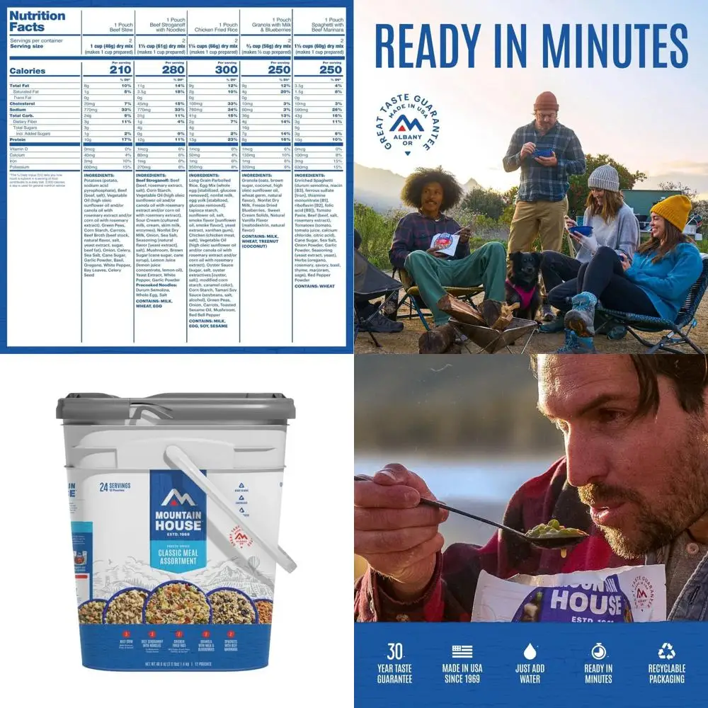 Secchio per assortimento di pasti classici, zaino in spalla liofilizzato e cibo da campeggio, 24 porzioni