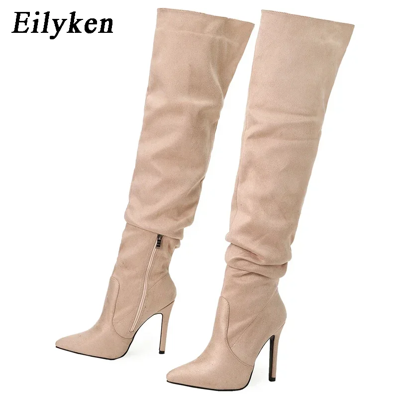 Eilyken Winter Pleated Women Over The Knee Boots Sexy Stiletto High Heel Zipper Shoes Pointed Toe Female Long Booties