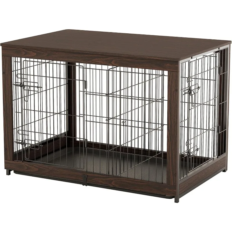 

Wooden Dog Crate Furniture with Divider Panel, Pet Crate End Table with Fixable Slide Tray, Double Doors Dog Kennel Indoor,Brown