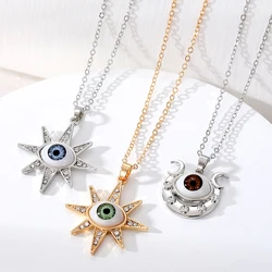 Zircon Turkish Evil Eye Moon Star Pendant Necklace Women Men Punk Retro Flower Lucky Eye Eyeball Clavicle Chain Wedding Jewelry