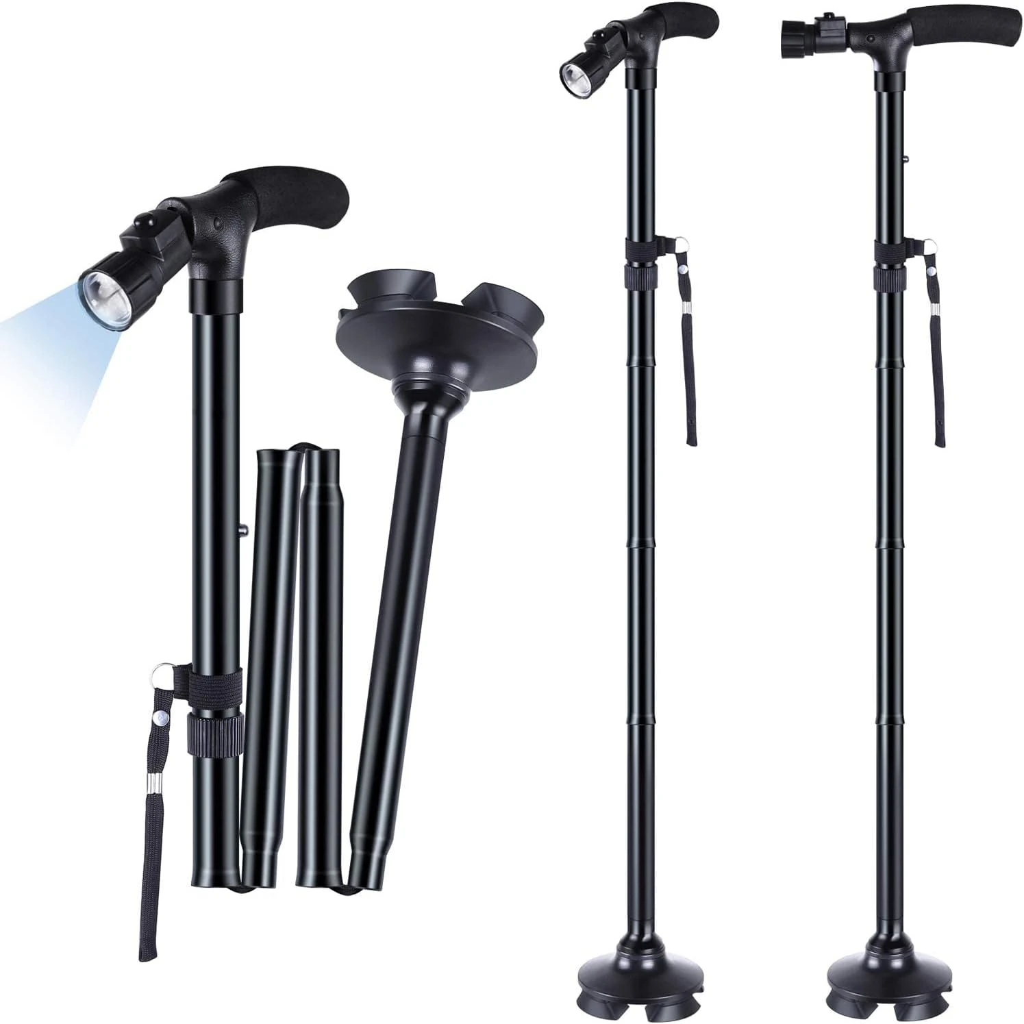 Walking Cane for Seniors Men & Women, LED Light & Emergency Alarm Safety Cane with Side Handle, Adjustable Lightweight Foldable All Terrain Mobility Aid, Non-Slip Stable Walking Stick for Daily & Night Use Fall Prevention