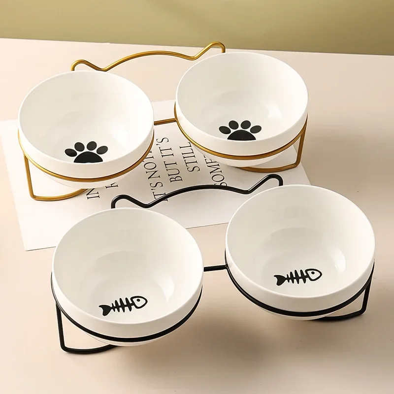 Ceramic Cat Bowl Cat Food Bowl Dog Bowl Drinking Water Bowl Food Bowl Cervical  Protection Pet Supplies Ceramic Double  Cat Bowl