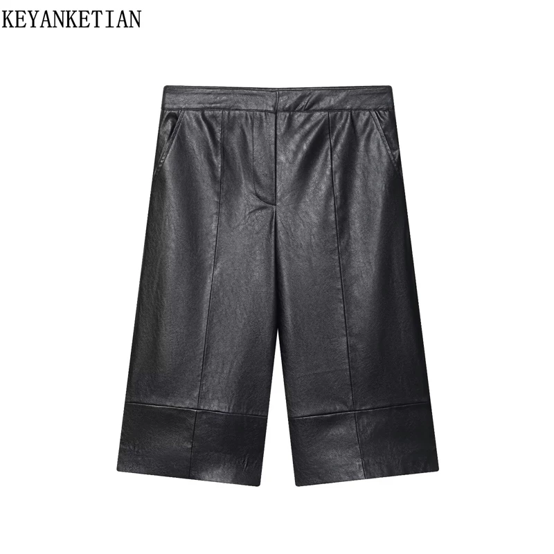

KEYANKETIAN 2026, весенние новые женские брюки средней длины из искусственной кожи, стильные брюки унисекс на молнии с высокой талией, свободные брюки на заказ, шорты