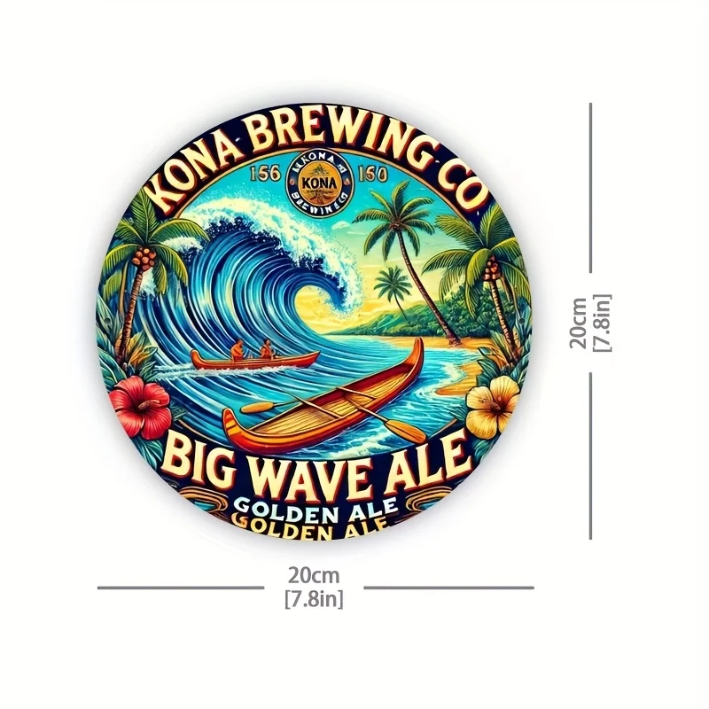 Kona Brewing Co. Big Wave Ale Metal Wall Sign - 8x8 Inch Round Aluminum Art with Tropical Surf Scene, Perfect for Home, Bar, Caf