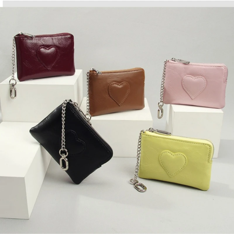 Vintage Oil Wax Genuine Leather Women's Coin Purse, Heart-shaped Keychain Wallet, Mini Zipper Change Pouch for Women Fashion