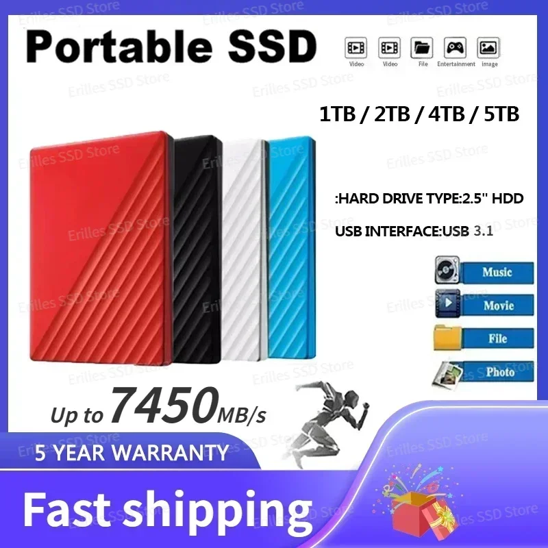 

External Hard Drive 1TB 2TB Portable SSD Solid State Hard Disk USB 3.1/Type-C High-Speed Storage Device for Laptops/Desktop/Mac