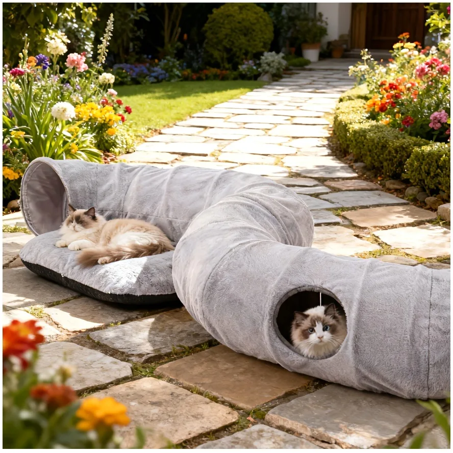 

3-in-1 Cat Tunnel Bed with Non-Slip Base, Flexible Design for Play & Rest, Removable Machine-Washable Cushion, Built-in Soft Plu