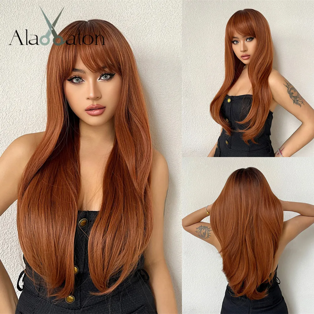 

ALAN EATON Длинный медно-коричневый синтетический парик для женщин Каштановые парики с челкой Многослойные прямые волосы Натуральные ежедневные термостойкие