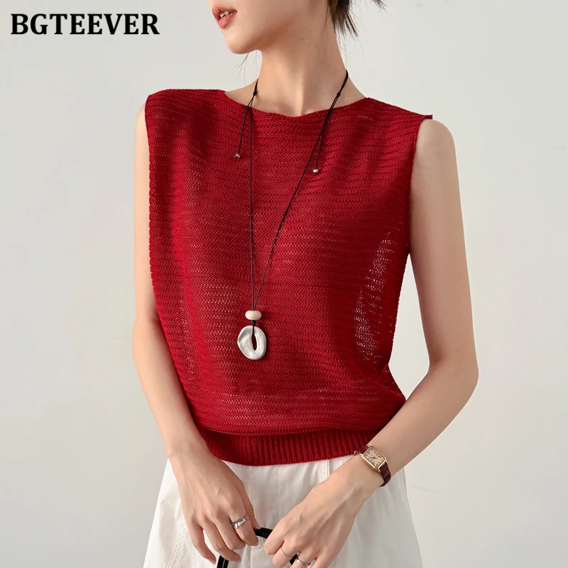 

BGTEEVER Summer Fashion Loose Women Hollow Out Knitted Vests Elegant O-neck Female Sleeveless Pullovers Tank Tops