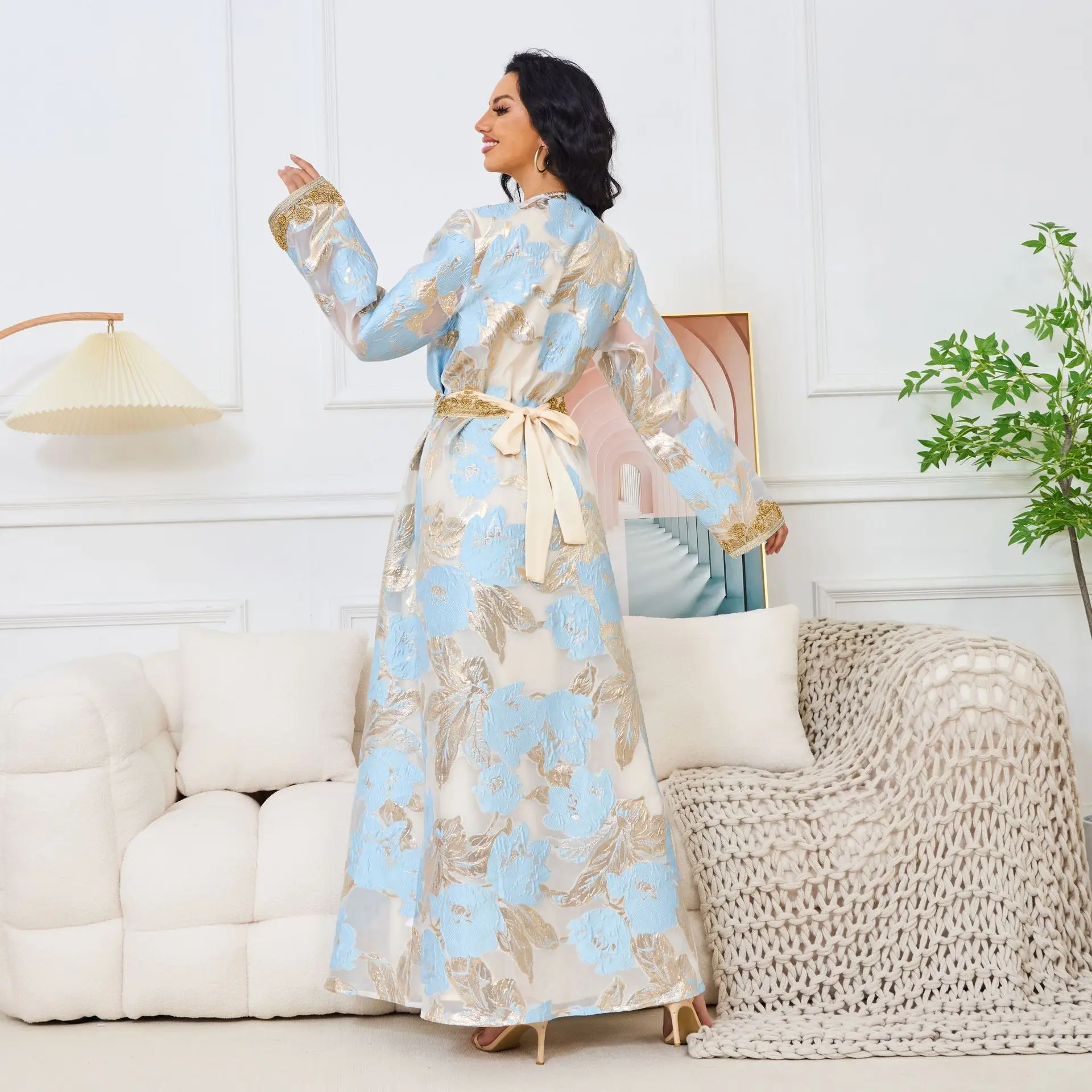 Moroccan Caftan 2 Pieces Set Muslim Dubai Abaya Kaftan For Wedding Women\'s 2024 New Flower Pattern Museum Long Dress Clothing