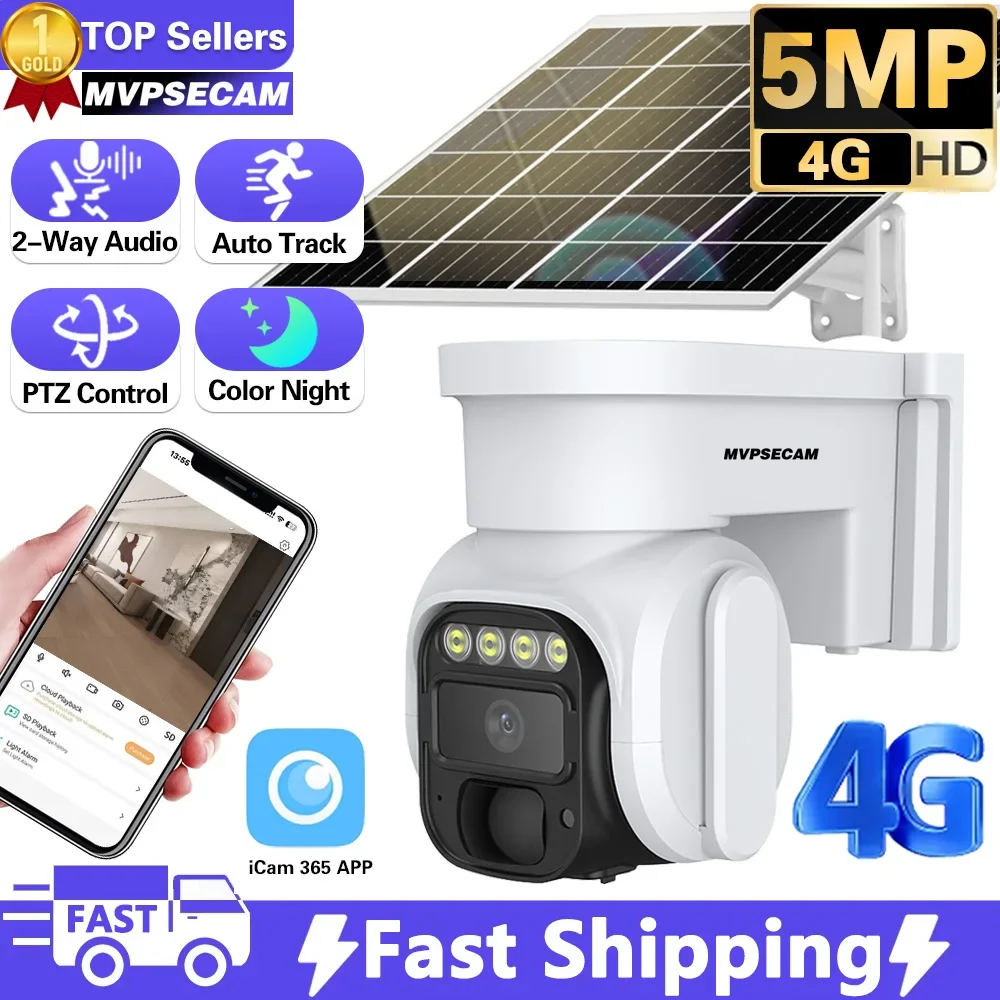 

5MP 4G Solar Wifi PTZ Security Outdoor Two Way Audio Color Night Vision Battery Powered Wireless CCTV Surveillance Cam ICam365