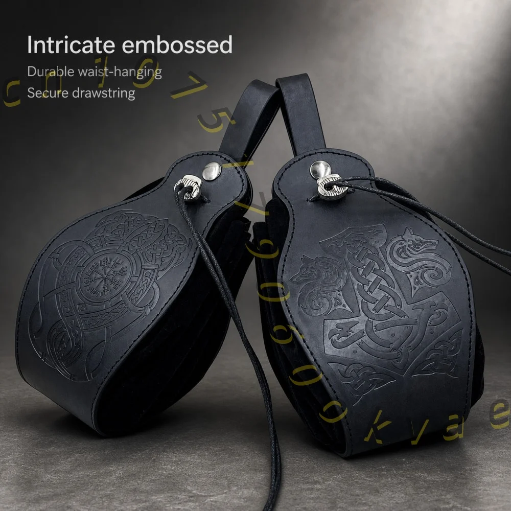 Viking Style Belt Bag Embossed Leather Pouch Drawstring Coin Purse for Medieval Costume LARP Renaissance Fair Accessories