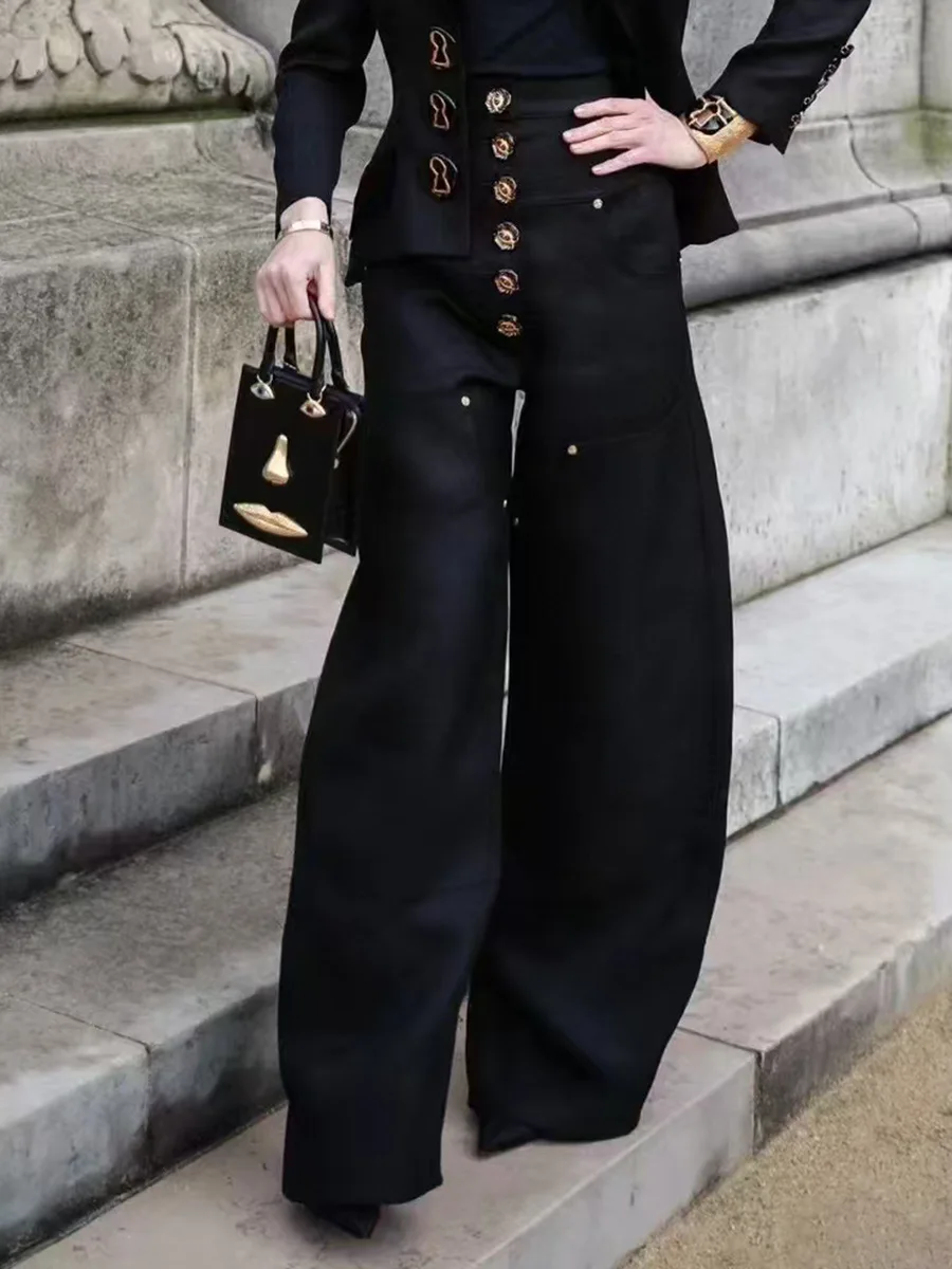 

LIMO Women's Streetwear High Waist Wide Leg Jeans 2026 Trendy Gold Button Patchwork Denim Pants For Daily Outfit