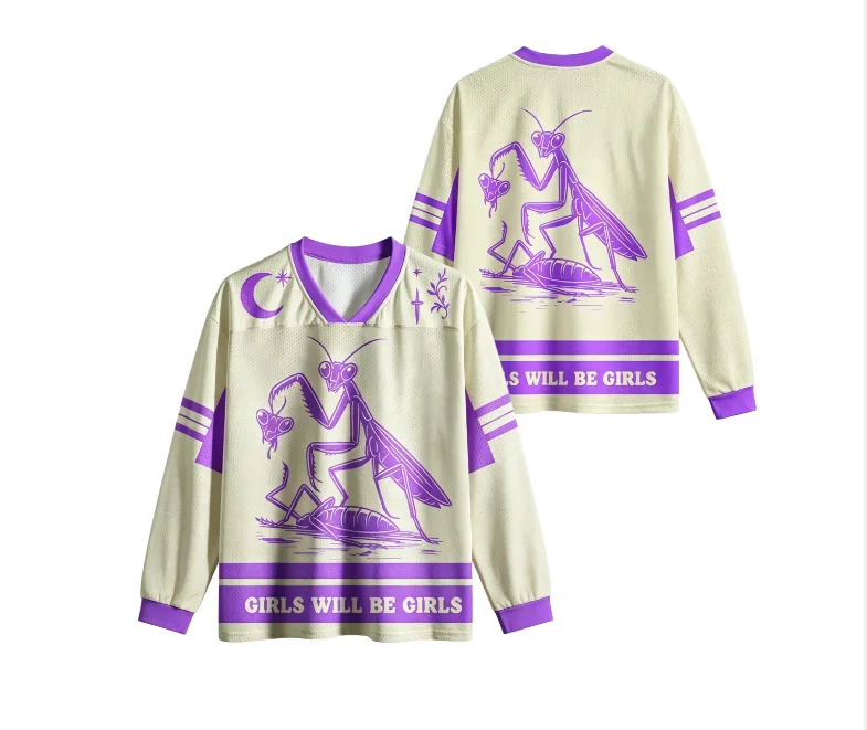 Retro Insect Graphic Long Sleeve V‑Neck Jersey Straight Cuff Mesh Sport Top Gothic Moon Dagger Print Casual Unisex Shirt