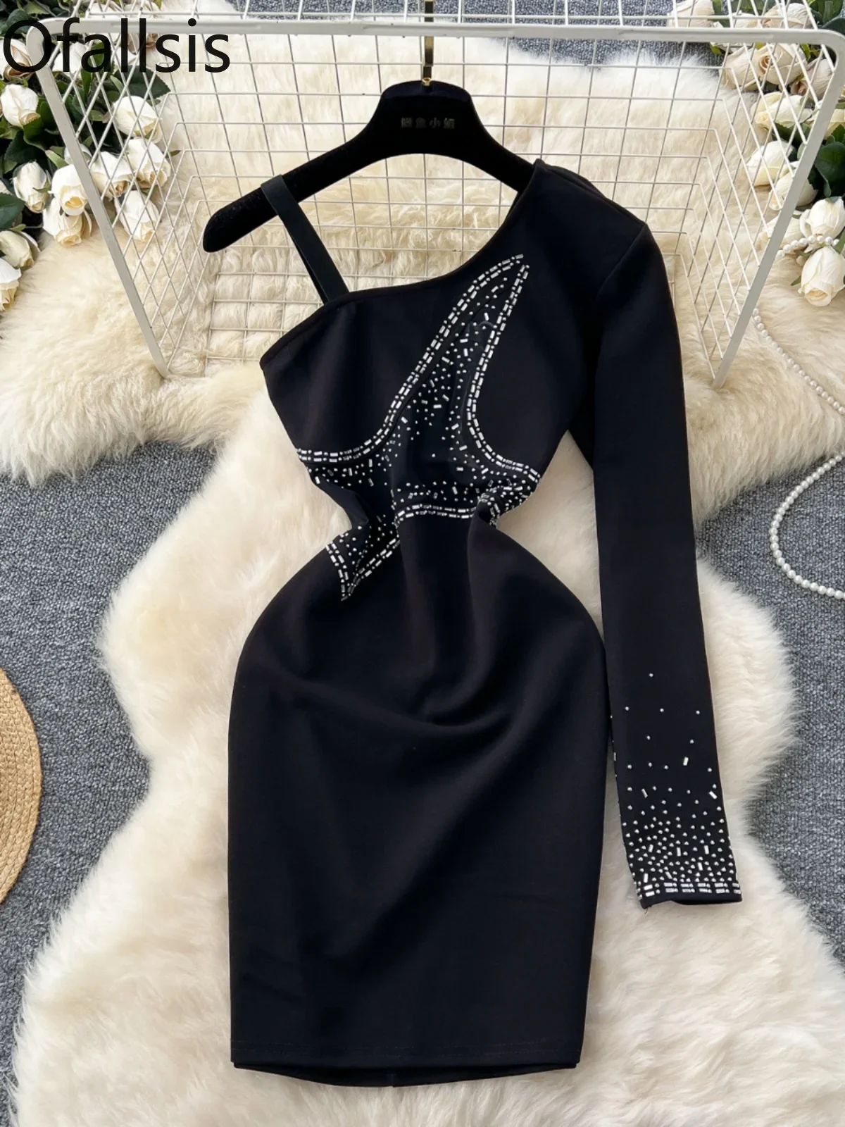 Ofallsis Heavy Industry Hot Diamond Sexy Off Shoulder Strap Long Sleeve Dress 2024 Autumn New Chic Fashionable Slimming Dresses