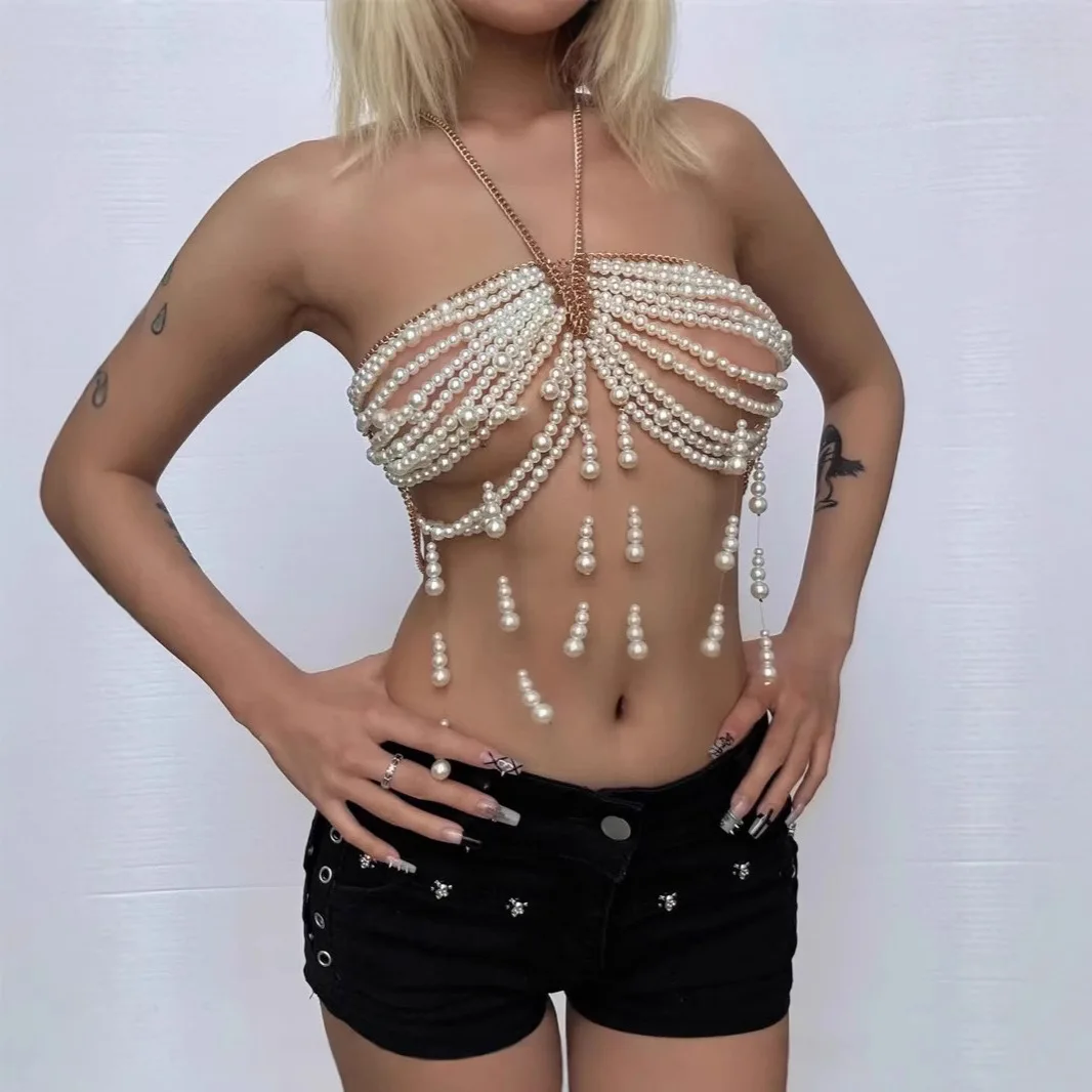

Sexy Women Irregular Shape Acrylic Beaded Suspender Hollow Tassel Luwen Short Top Beach Island Travel Pearl Body