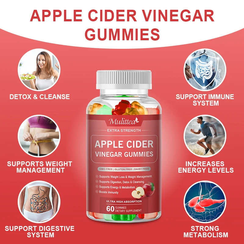 Mulittea Malic Acid Apple Cider Vinegar gummies for Boost Energy Detox & Fat Burner &flat belly Gut Health Inhibiting Fat Growth