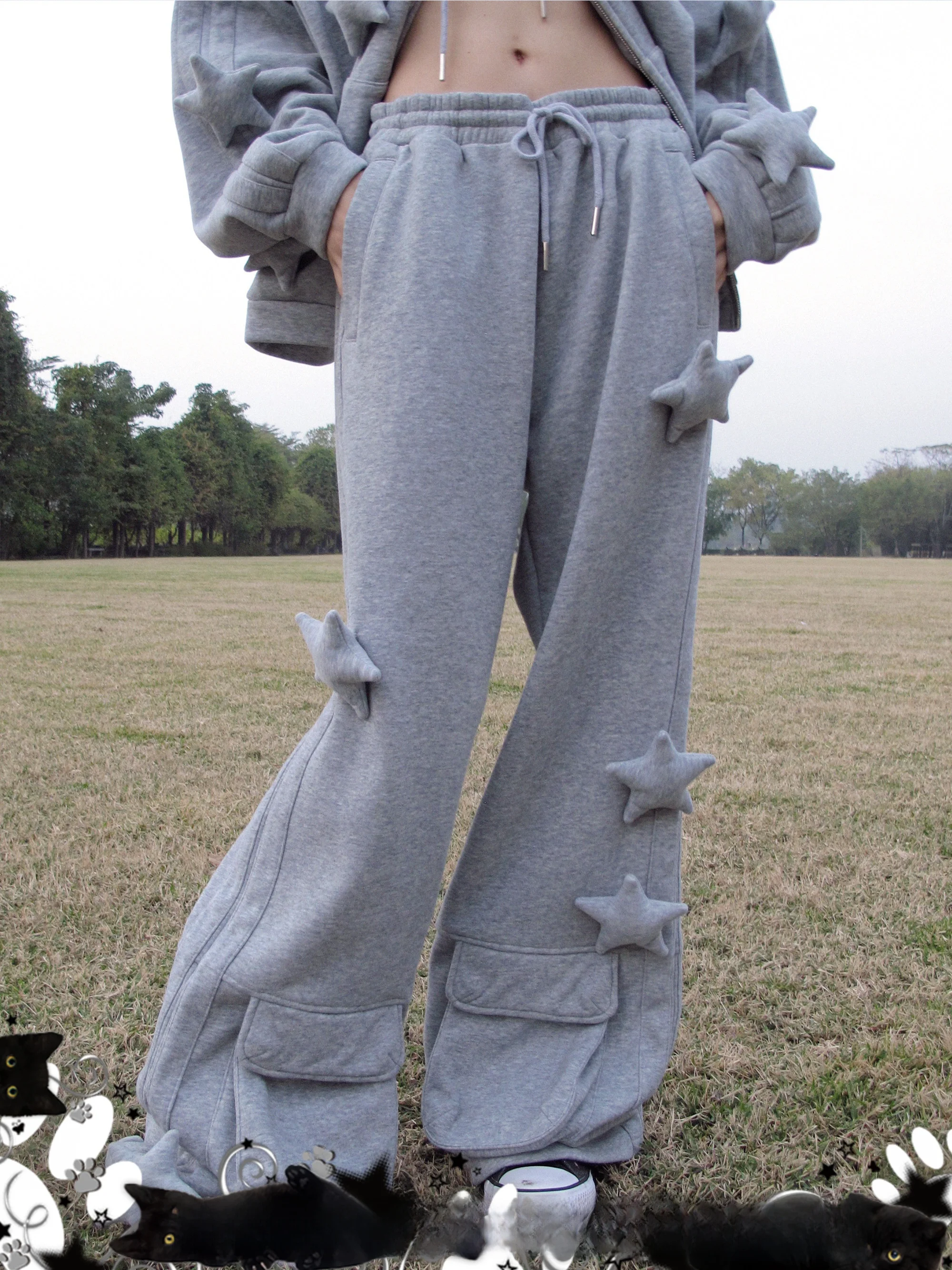 

CFIERCE 26 Star Series 3D Micro Flared Sweatpants Street Style Asymmetric Loose Fit Long Pants Natural Waist Cotton Blend