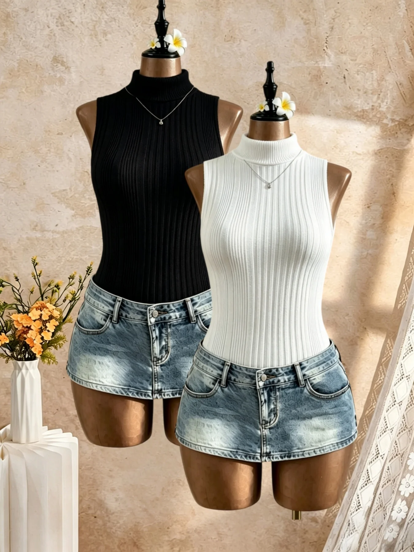 2 Pack Women Turtleneck Ribbed Knit Sleeveless Tank Top Slim Fit Y2K Sexy Casual Basic Fitted Vest Top