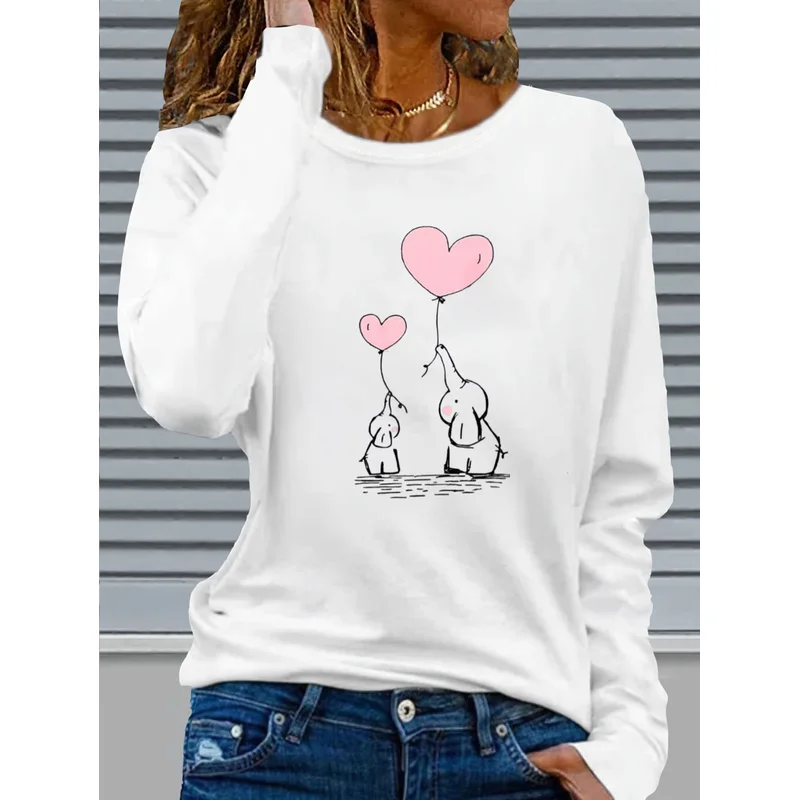 Women's Long Sleeve T-Shirt Mother And Baby Elephant Holding Heart Balloons Line Art Graphic Crew Neck Slim Fit Spring Fall Tops