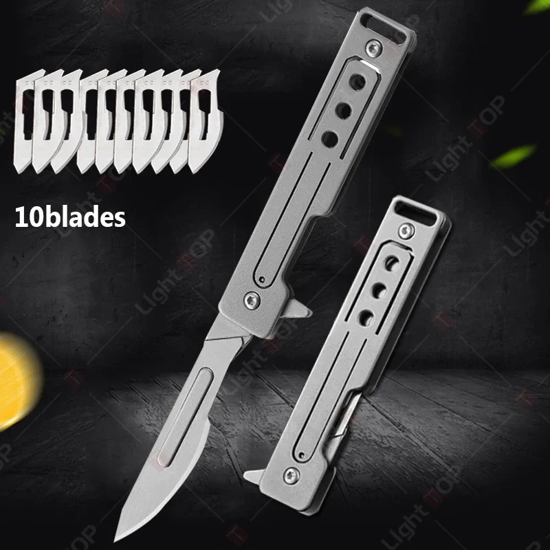 Stainless Steel Folding Pocket Knife  With 10 Replaceable Blades Sharp Surgical Mini Knife Multifunctional Cutting Knife Kit