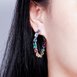 Huitan Geometric Colorful Cubic Zirconia Big Circle Earrings for Women Luxury Trendy Female Accessories Bright Earrings Jewelry