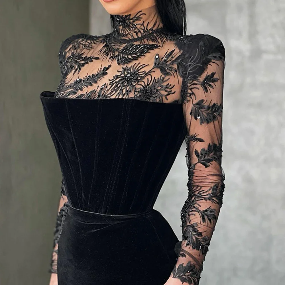 Black Lace Mermaid Evening Dresses 2024 Fashion High Neck Long Sleeves Cocktail Party Gowns Appliques Side Split Prom Dresses