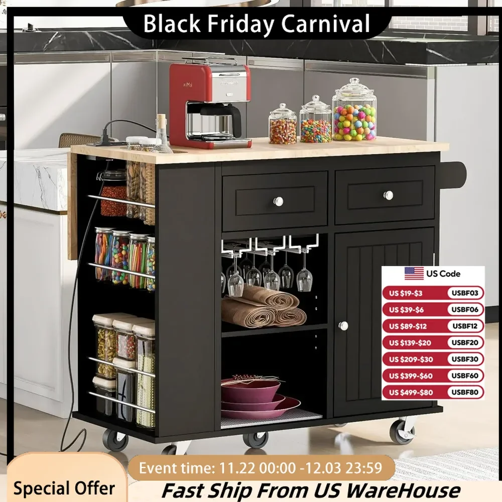 Kitchen Island, Kitchen Carts on Wheels with Storage Drop Leaf Power Outlet Drawer Cabinet Counter Rubberwood Top