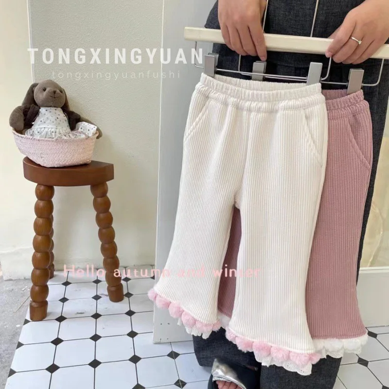 Autumn and Winter Trendy Girls Fleece-Lined Pants Children Baby Solid Color Rib Fabric Lace Bell-Bottom Pants Thick Warm Pants