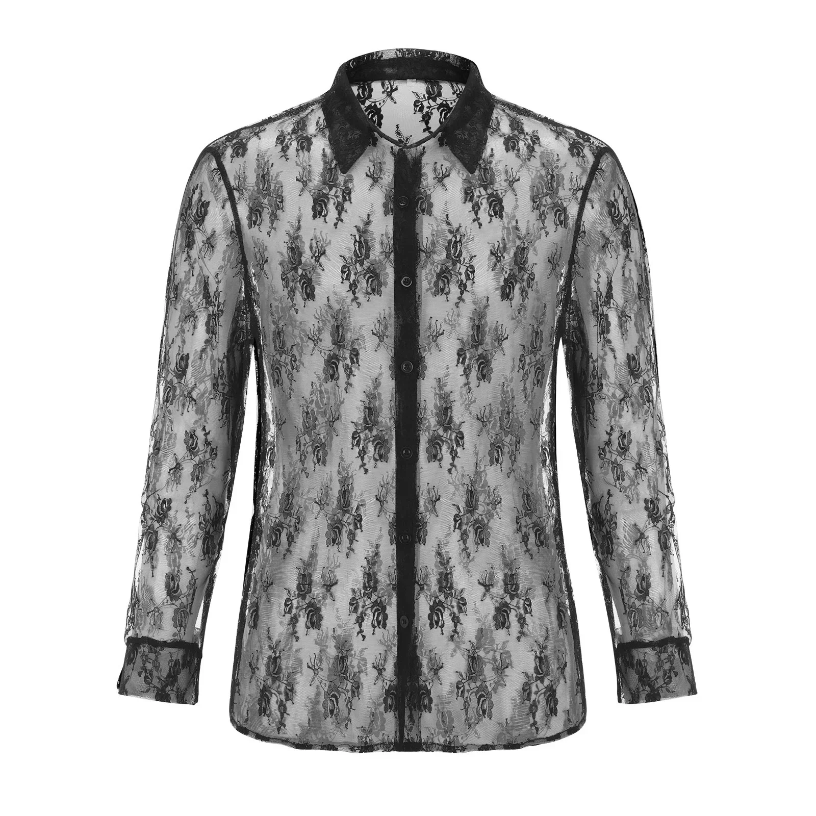 Mens Mesh Tops See Through Long Sleeve Floral Clubwear Party Dress Tee Blouse Casual Sexy Shirt Men's Dress Up Top Lace Clothes