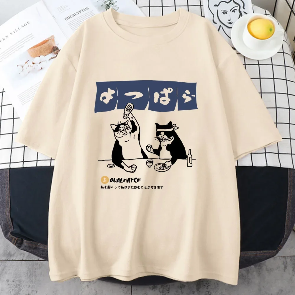 Women Tshirt Streetwear Japanese Harajuku Funny Drinking Cat T-Shirt 100% Cotton Summer Cartoon T Shirt Unisex Hip Hop Tops Tees