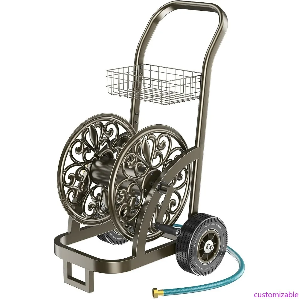 

Heavy-Duty Steel Garden Hose Reel Cart with Wheels, Holds 200 Ft 5/8 Hose, Storage Included