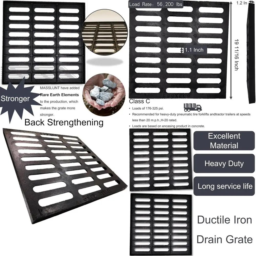 

Heavy-Duty 20x20 Cast Iron Outdoor Drain Cover, C-Class Sewer Grate, Black Square for Driveways and Yards