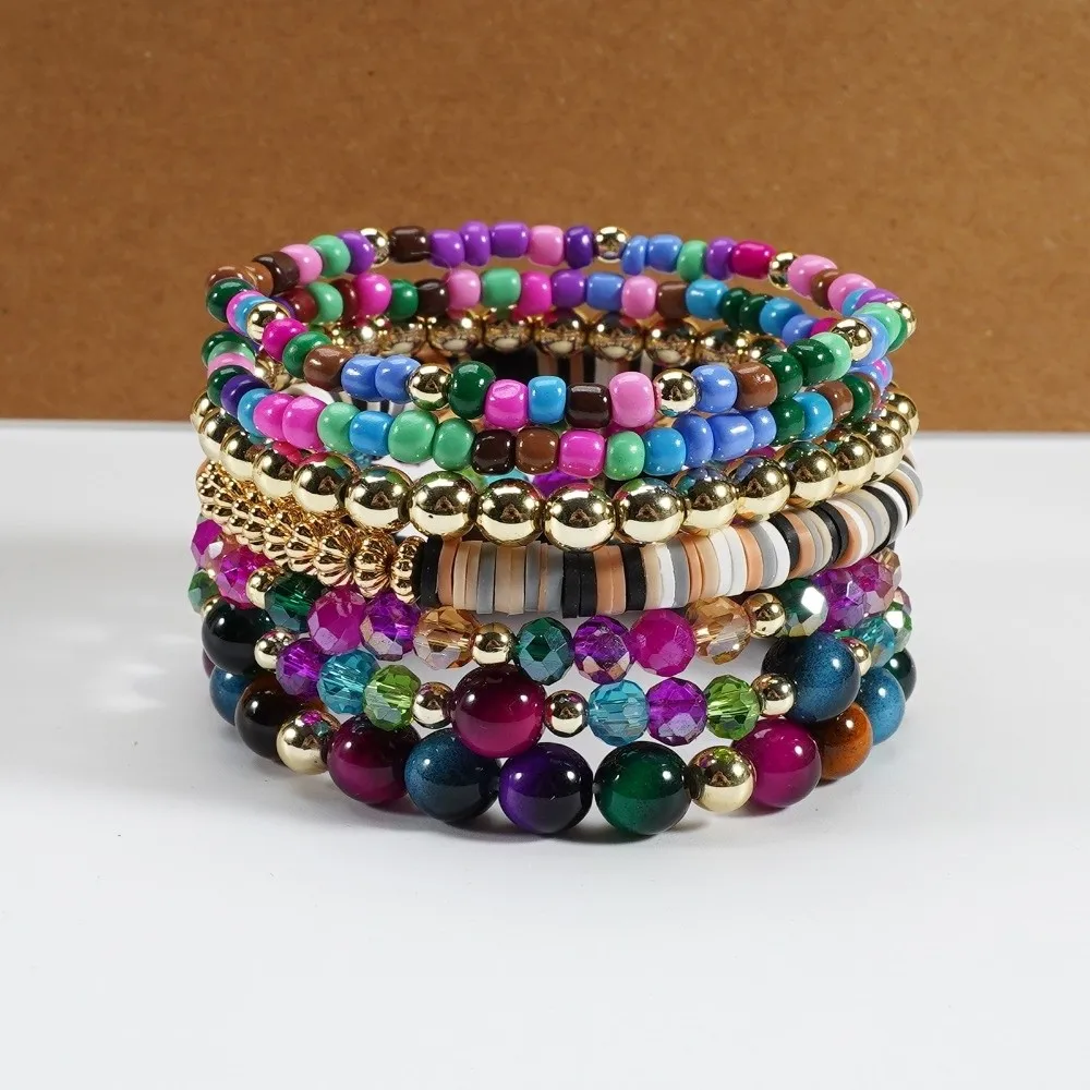 7 PC/Set New Bohemian Beads Bracelet Set Handmade Elastic Rope Stackable Bangles Set Stretch Chain Colorful Hand Chain Jewelry
