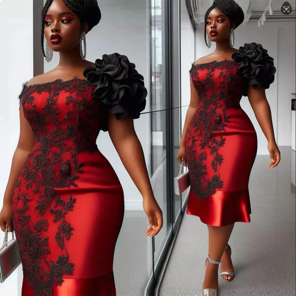 noir et rouge aso ebi robes de bal dentelle appliques volants sur l'épaule gaine robes de soirée grande taille femmes robe de soirée formelle
