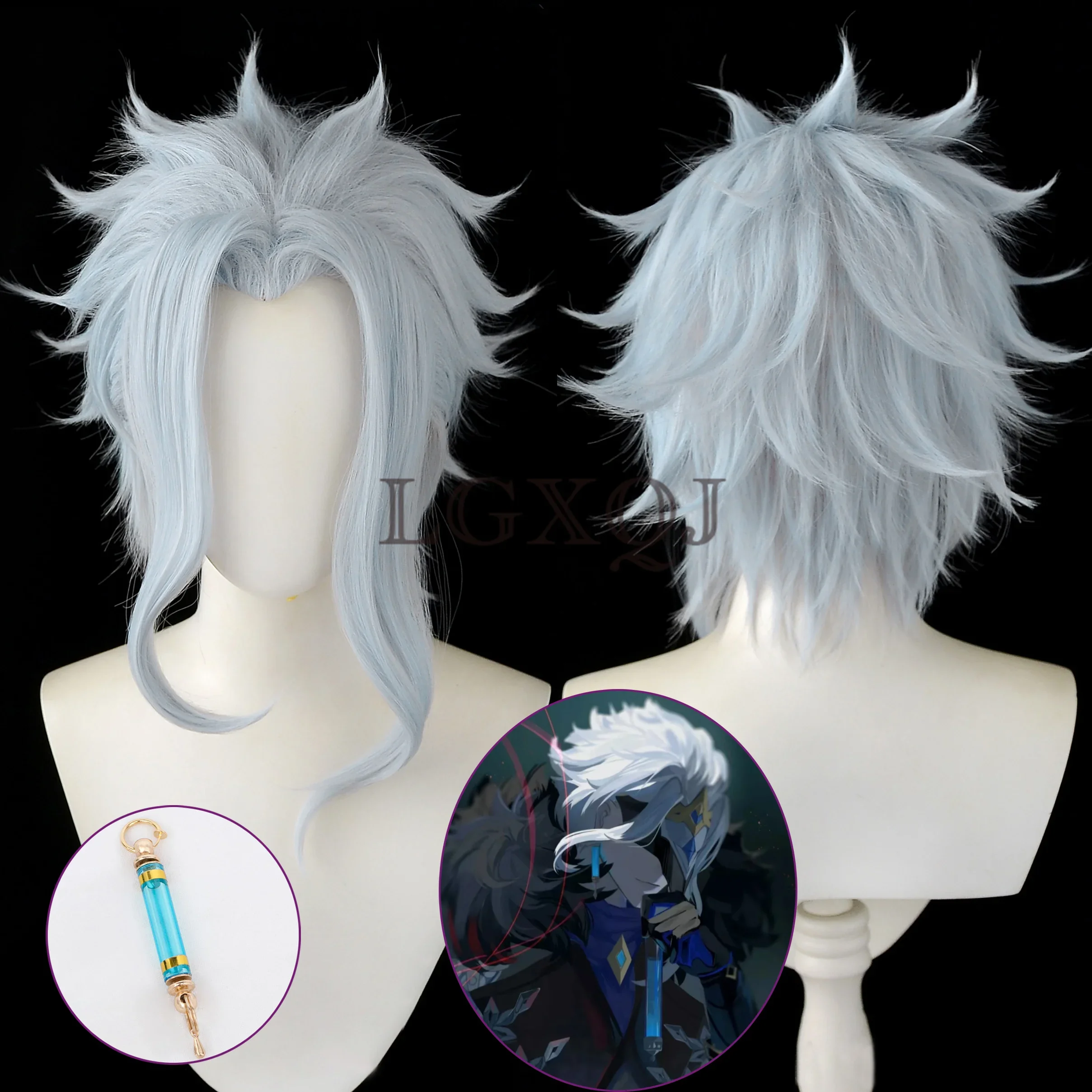 Doctor II Dottore Cosplay Wig Dottore Genshin Impact Fatui Wig Light Blue Heat Resistant Hair Halloween Wigs In Stock + Wig Cap