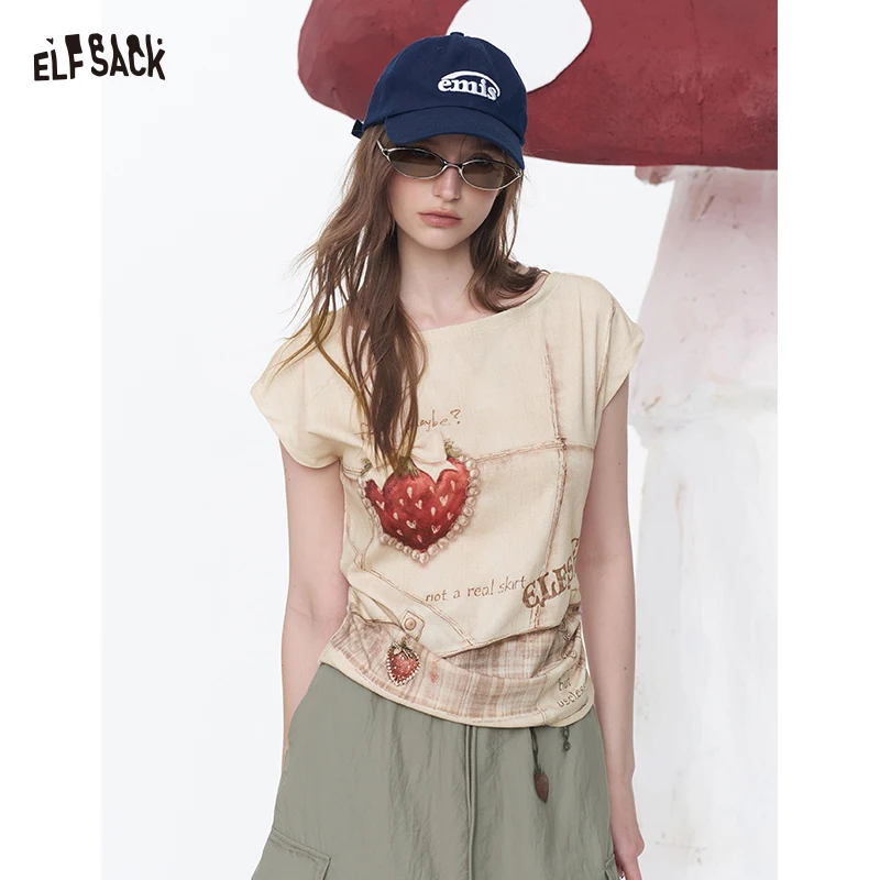 

ELFSACK Strawberry Print One-Shoulder Knit Top, Punk Street Sweet Casual Graphic Tee, Retro Cream Coffee Women's Top