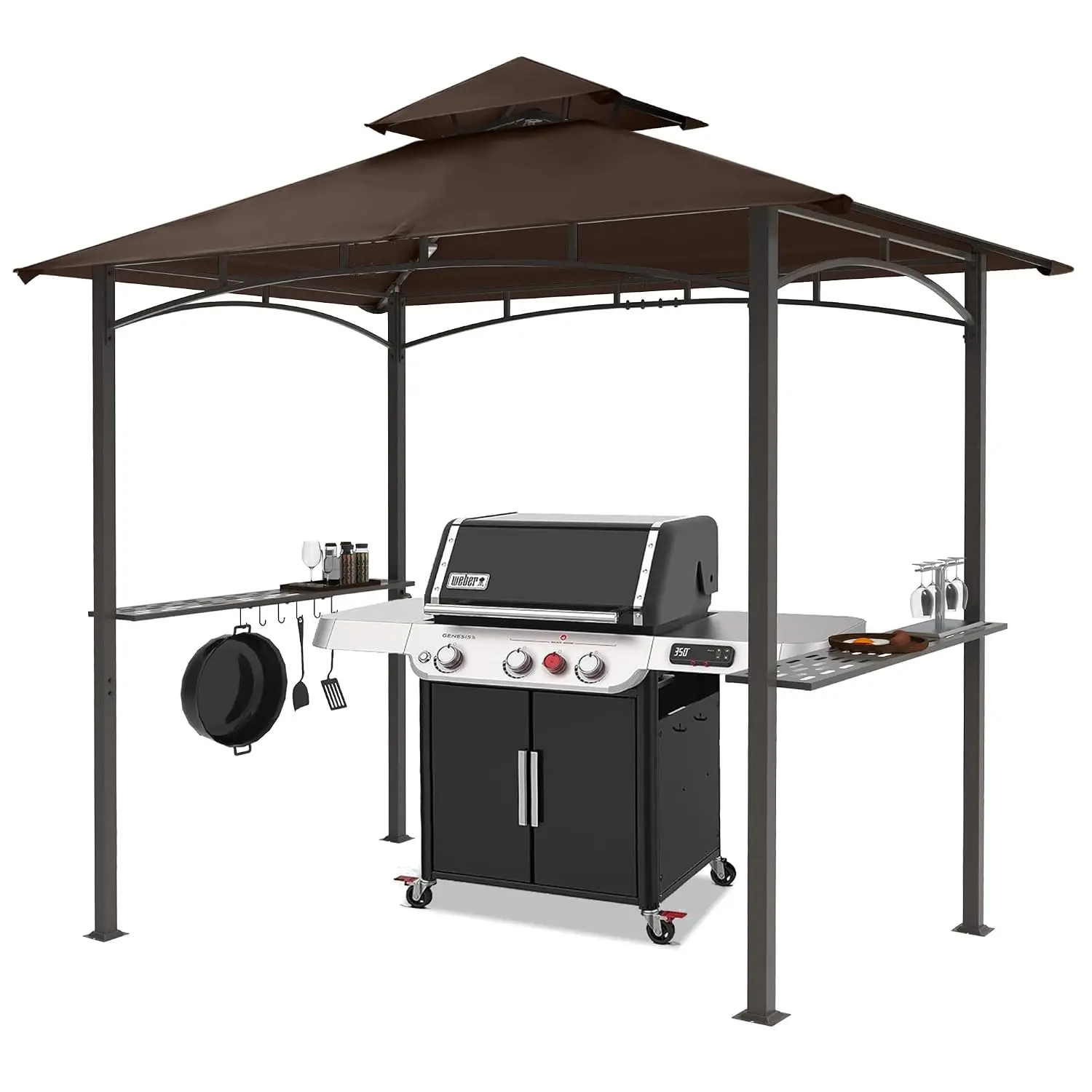 8x5 Grill Gazebo Steel Frame Double-Tiered Vented Top Rustproof Fabric UV50+ 2 Shelves 6 Hooks 2 LED Lights, Customized