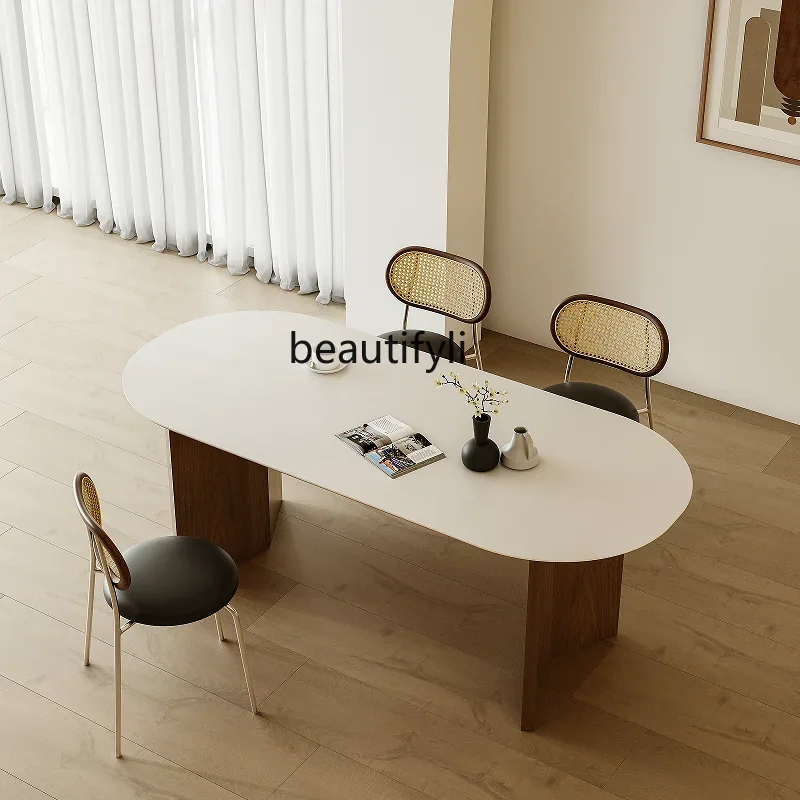 

Modern Minimalist Solid Wood Stone Plate Dining Table Cream Style Japanese Style Small Apartment Table Log Oval Dining Table A1