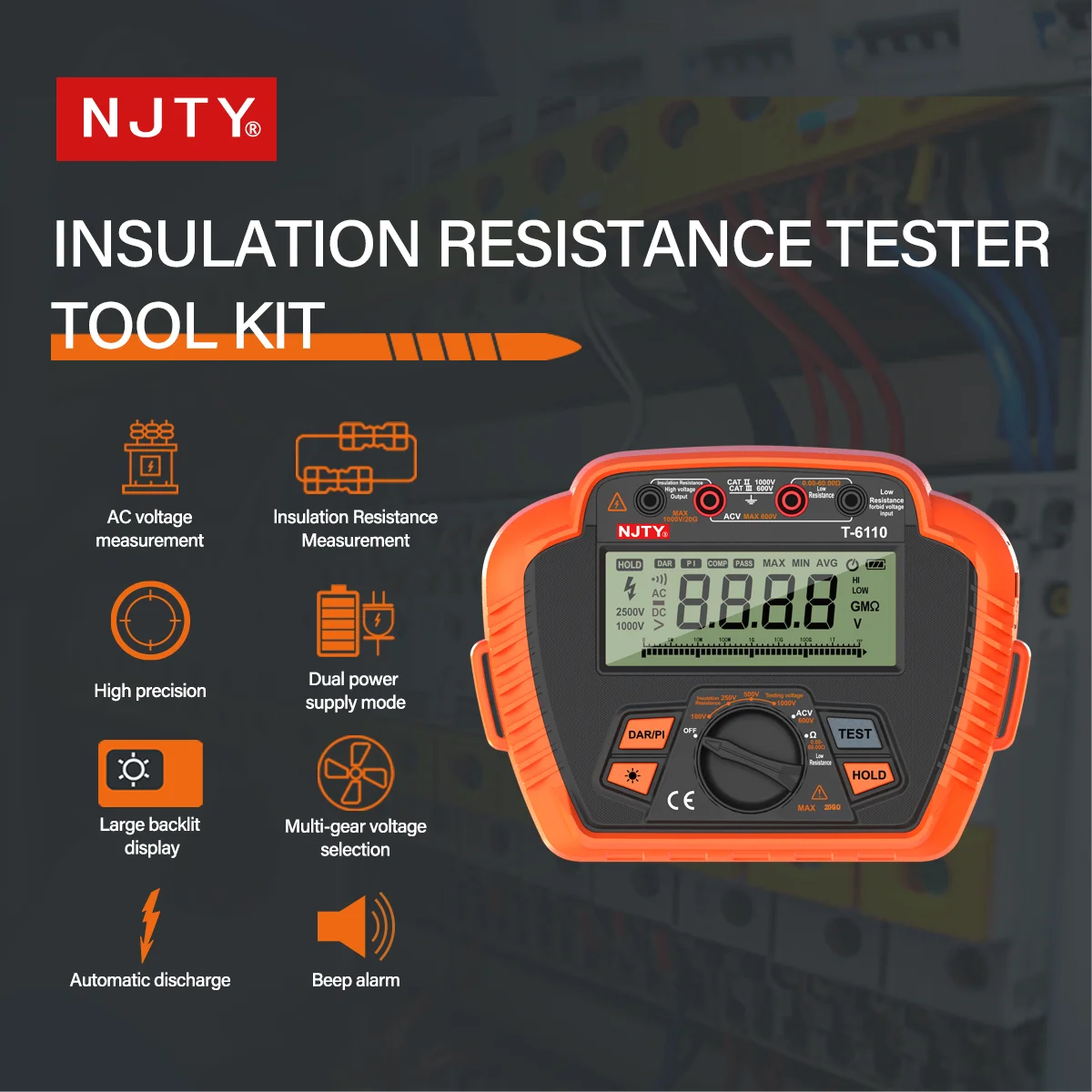 NJTY Tester rezystancji izolacji cyfrowy megometr 1000V/2500V, MAX 20G Ω/200GΩ, pomiar współczynnika absorpcji niska oporność