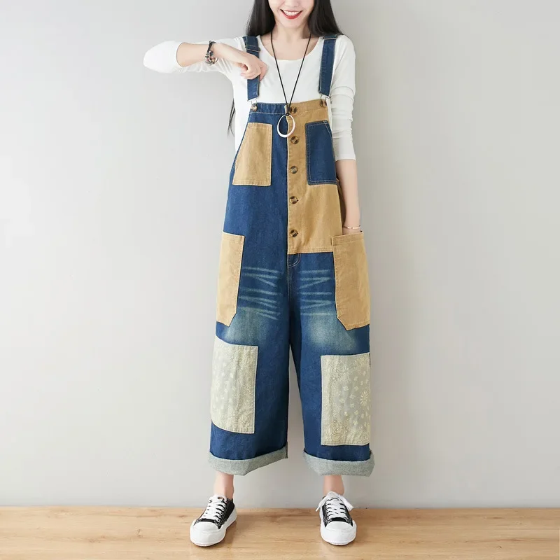 Patchwork Cargo Jean Jumpsuit Suspenders Cowboy Wide Leg Long Pants Baggy Outdoors Denim Rompers Japanese Hiphop Pocket Overalls