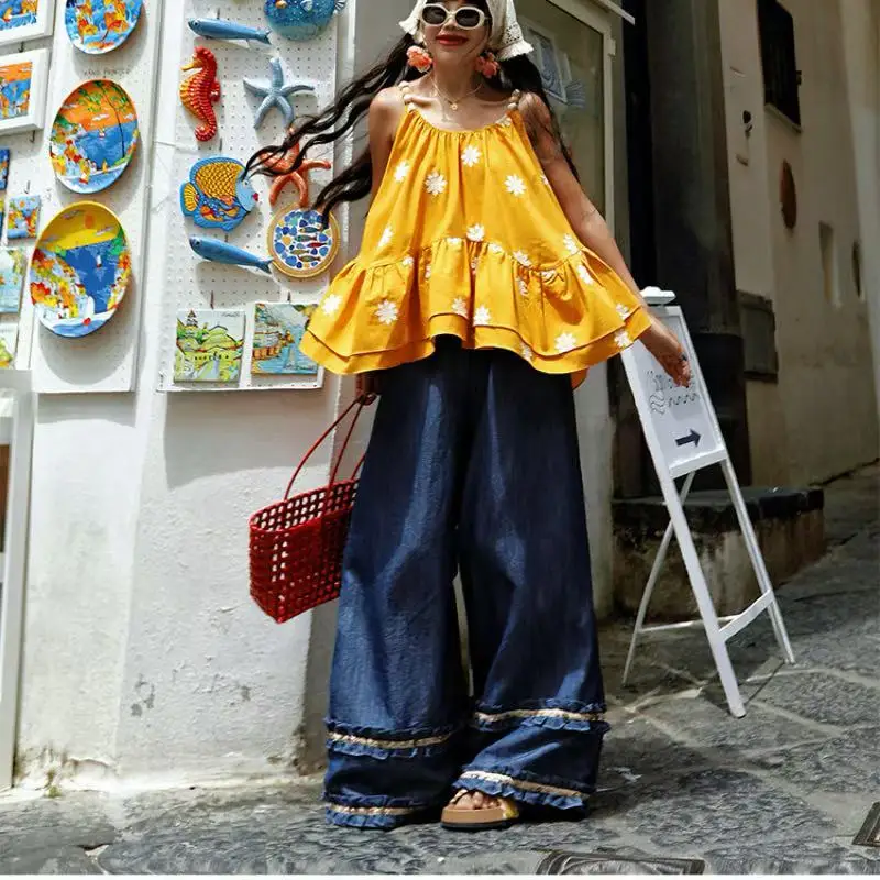 

TIYIHAILEY-Wide Leg Long Denim Pants for Women, Autumn Summer Casual Jeans Ladies Trousers, 2025 M-L Blue Pants Beaded